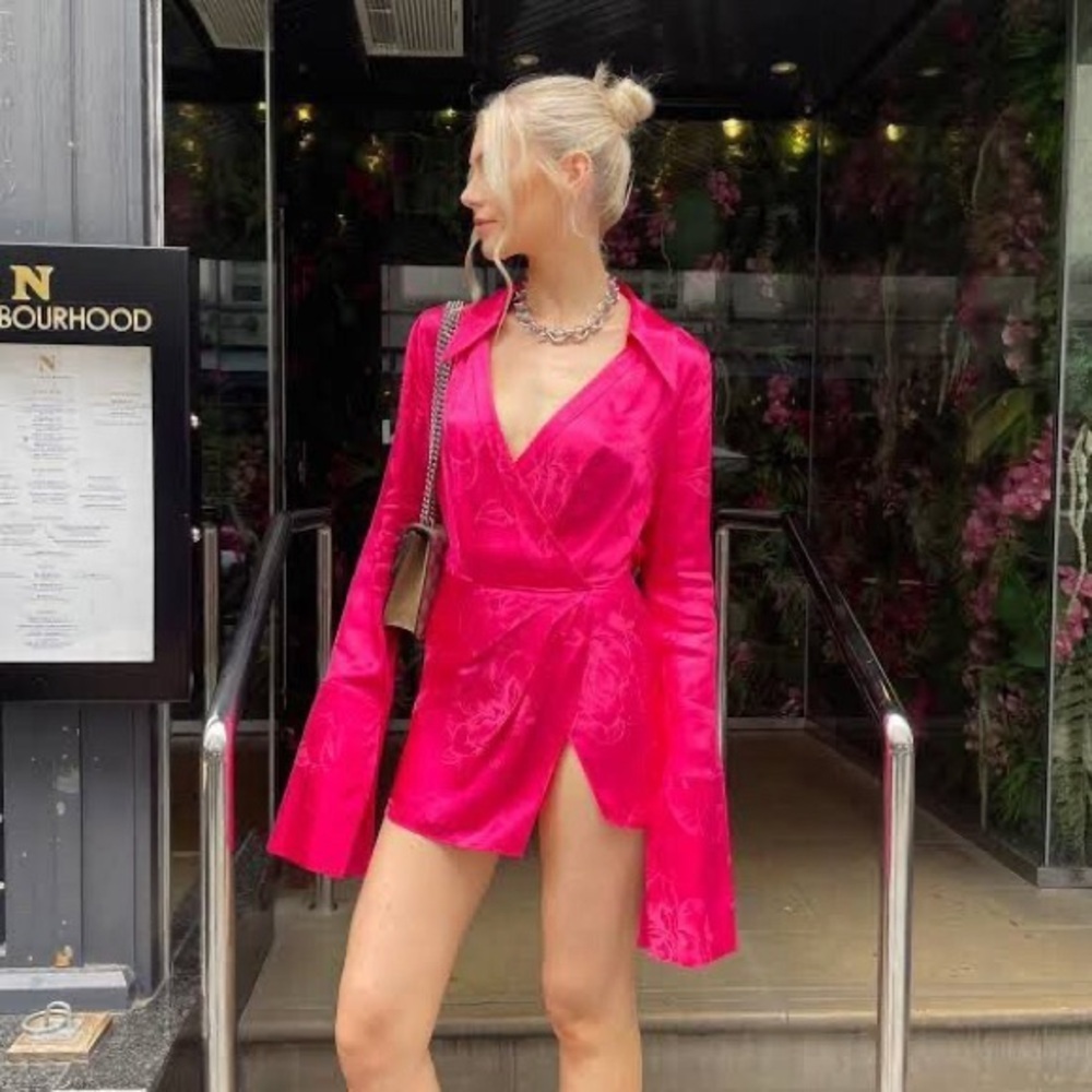 New Rat & Boa Paloma Pink Fuschia Mini Long Sleeve Dress Large Collared Satin